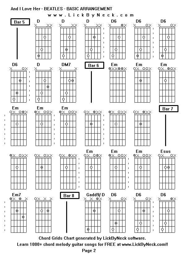 Chord Grids Chart of chord melody fingerstyle guitar song-And I Love Her - BEATLES - BASIC ARRANGEMENT,generated by LickByNeck software.